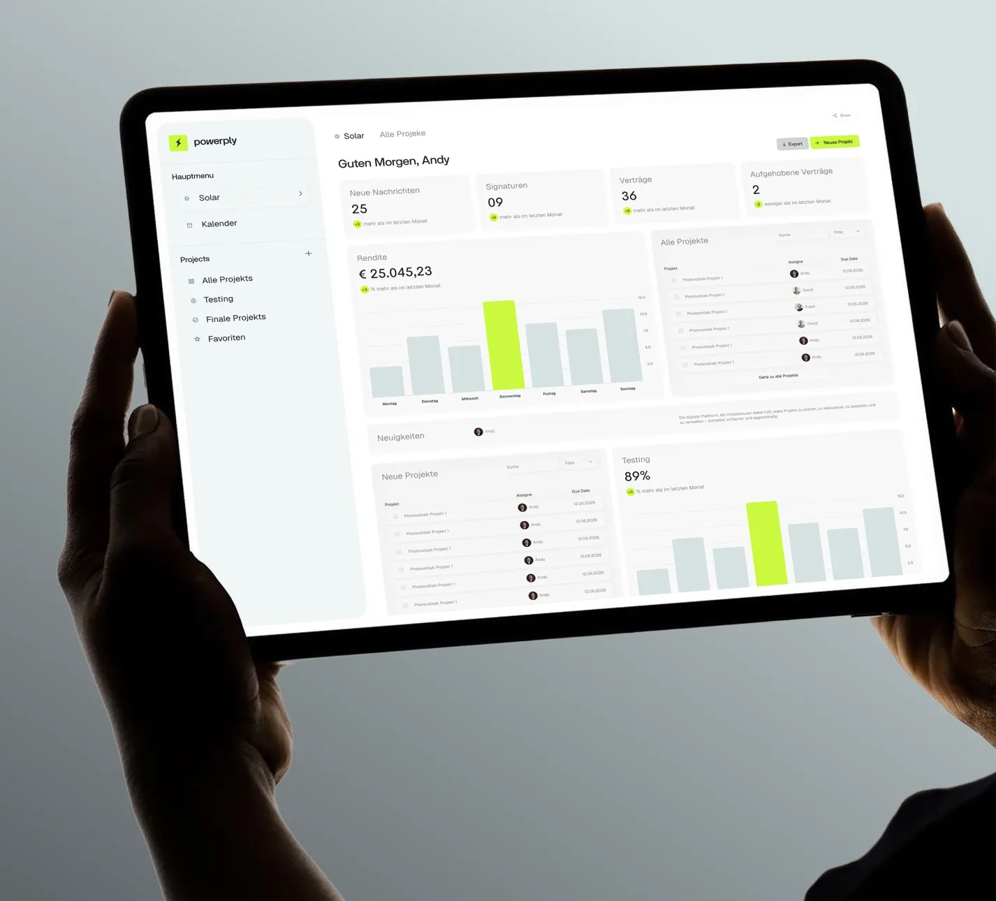 powerply Dashboard auf einem Tablet